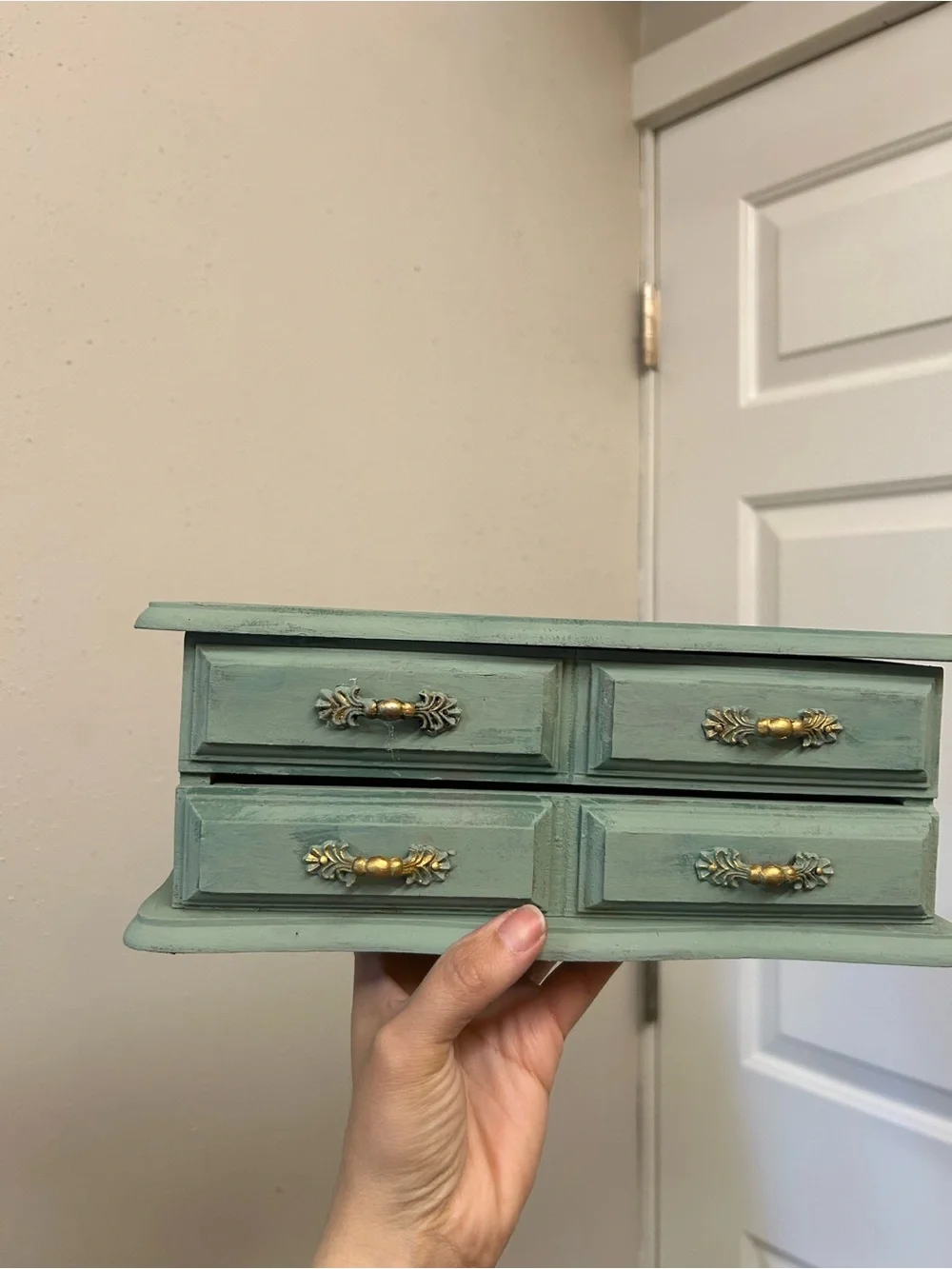 refurbished vintage jewelry box green painted finish ornate gold handles